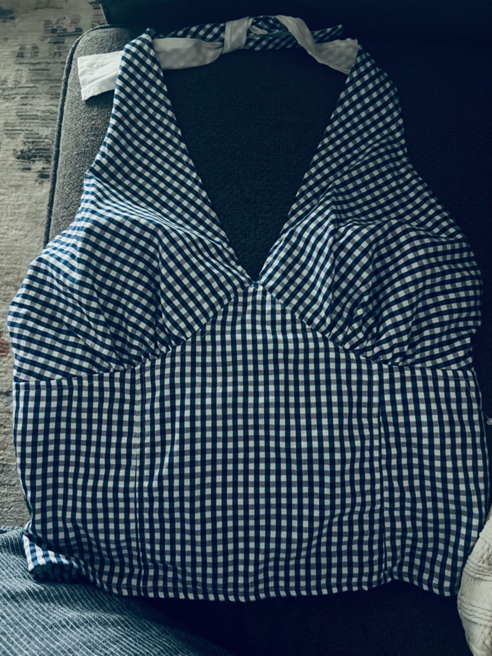 Gingham Check Halter Top UO Structured Smocked Stretch M, L